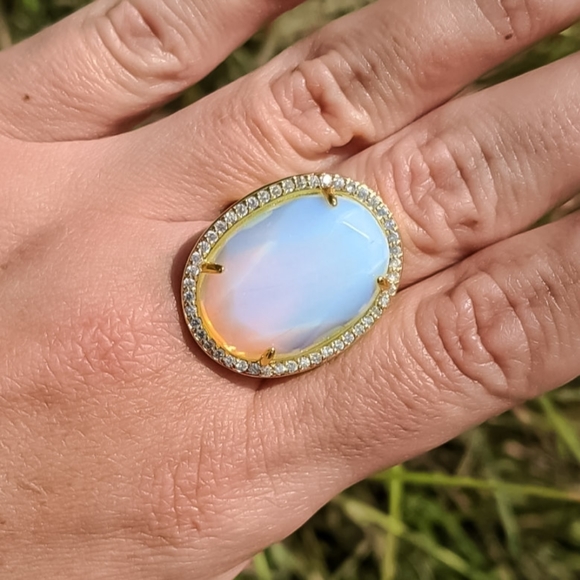 14k Gold Opal Gemstone Adjustable Statement Ring Plated in 14k Gold - Picture 3 of 16